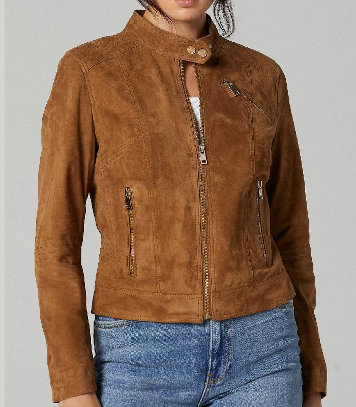 Camel Kylie Suede Brown Leather Jacket For Women Jacket Blazer Coat