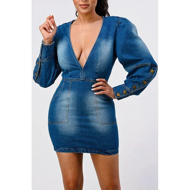 CASUAL DENIM RUFFLE MINI DRESS Fashionable Mini Dress with Pockets