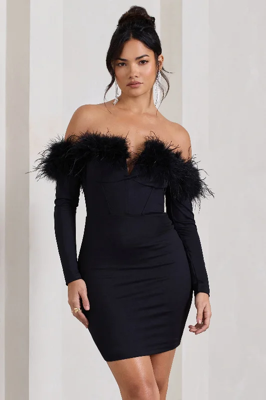 Celia | Black Plunge Neck Bardot Mini Dress With Feather Trim Detail Trendy Button-Detail Mini Dress