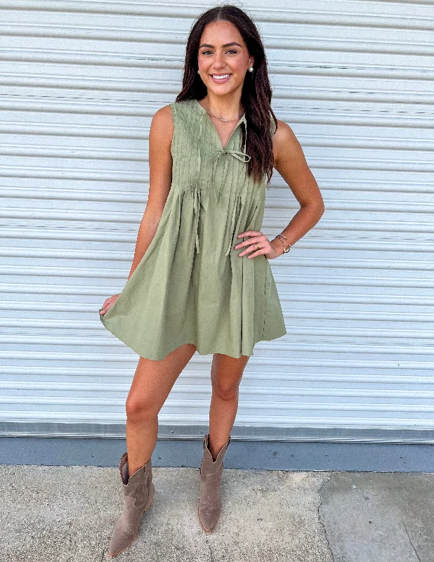 CHARMED LIFE OLIVE PLEATED MINI DRESS Trendy Wraparound Mini Dress