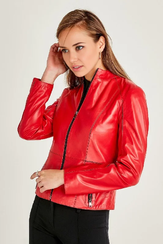 Cherry Red Leather Jacket For Women Stand-Up Collar Roll-Neck Collar Turtle Neck