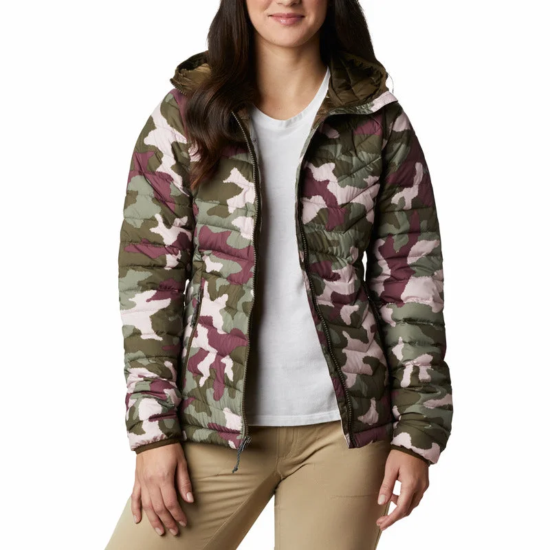 Women's Powder Lite Hooded Jacket - Olive Green Traditional Camo Print Jacket Jacquard Jacket Patchwork Jacket