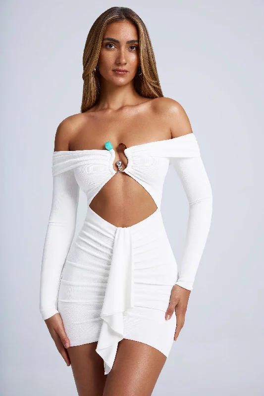 Hardware Detail Off-Shoulder Cut-Out Mini Dress in White Cozy Cowl Neck Mini Dress