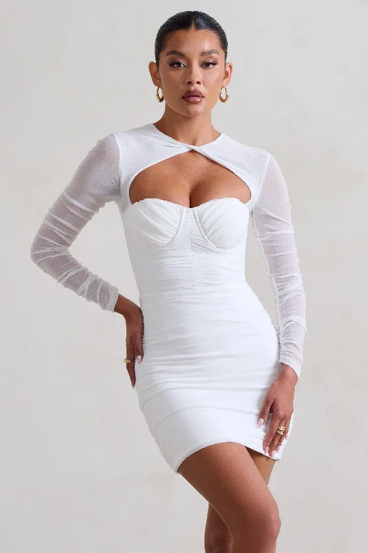 Daiquiri | White Ruched Cut Out Mesh Mini Dress With Long Sleeves Trendy Camisole Mini Dress