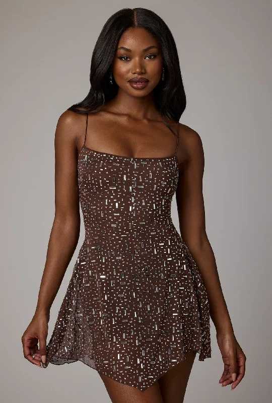 Sheer Embellished Scoop Neck Mini Dress in Deep Cocoa Casual High-Waist Mini Dress