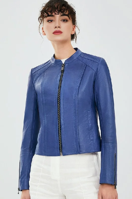 Eden Judith Blue Women Leather Jacket Cardigan Sweater Pullover