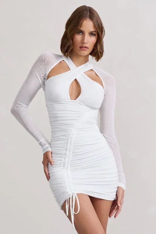 Eyes On You | White Long Sleeve Halter Neck Mini Dress Fashionable Mini Dress with Frills