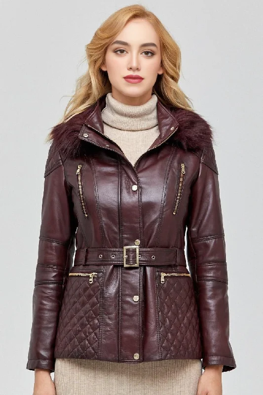 Flamboyant Brown Leather Jacket With Fur Hood And Center Belt For Women Zippered Front Buttoned Front Snap Front