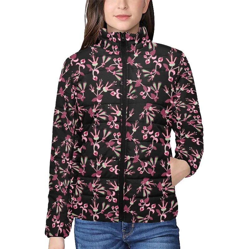 Floral Green Black Women's Stand Collar Padded Jacket Cotton Fabric Linen Fabric Terry Fabric