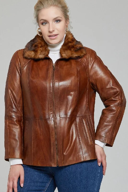 Gemma Original Fur Collar Brown Women Leather Jacket Faux Fur Fabric Real Fur Fabric Shearling Fabric