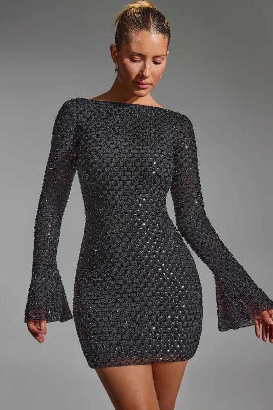 Embellished Open-Back A-Line Mini Dress in Black Cozy Long Sleeve Mini Dress