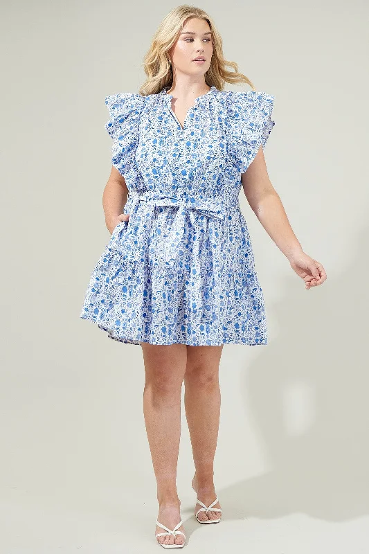 Hailey Floral Belted Mini Dress, Blue/White | Plus Size Elegant Off-Shoulder Dress Mini