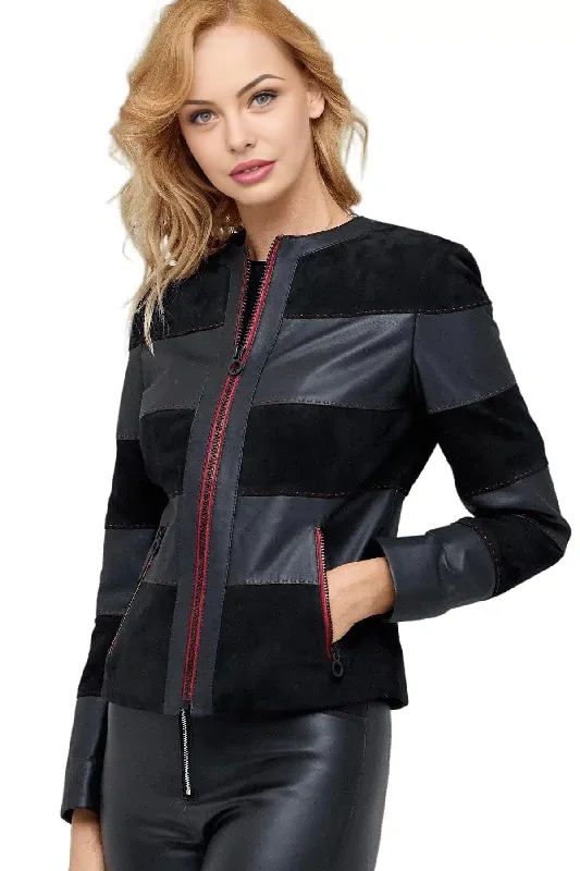 Juliana Black Suede & Leather Jacket For Women Zippered Jacket Buttoned Jacket Snapped Jacket