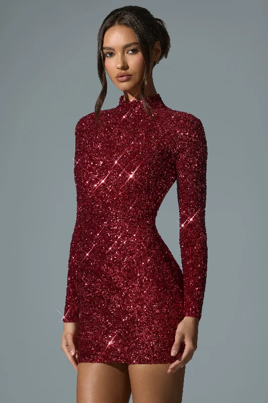 Embellished Open-Back Mini Dress in Red Classic Solid Mini Dress