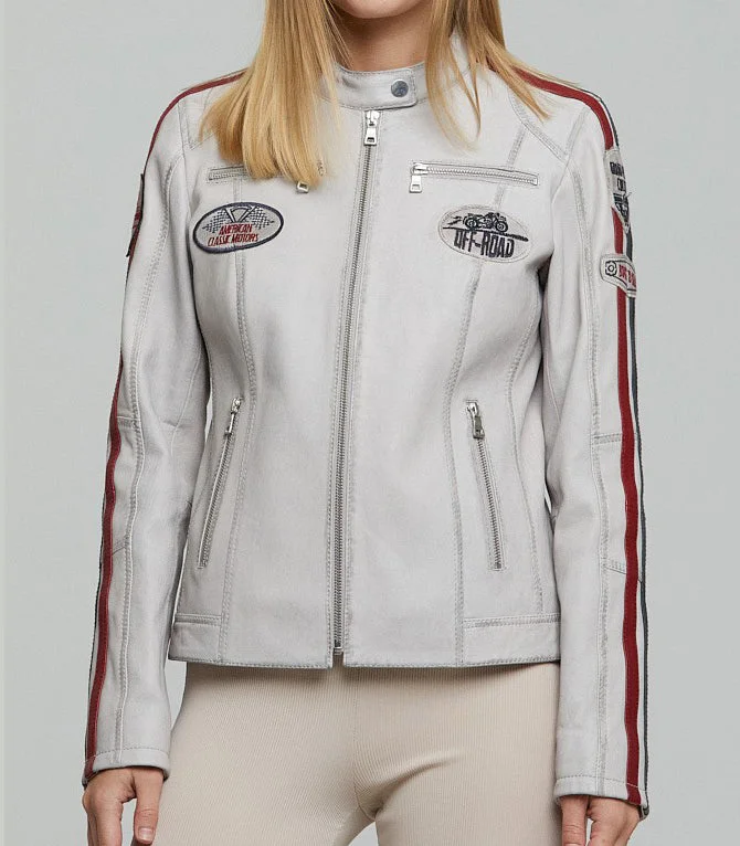 Lady White Racer Leather Jacket For Women Striped Jacket Polka Dot Jacket Floral Jacket