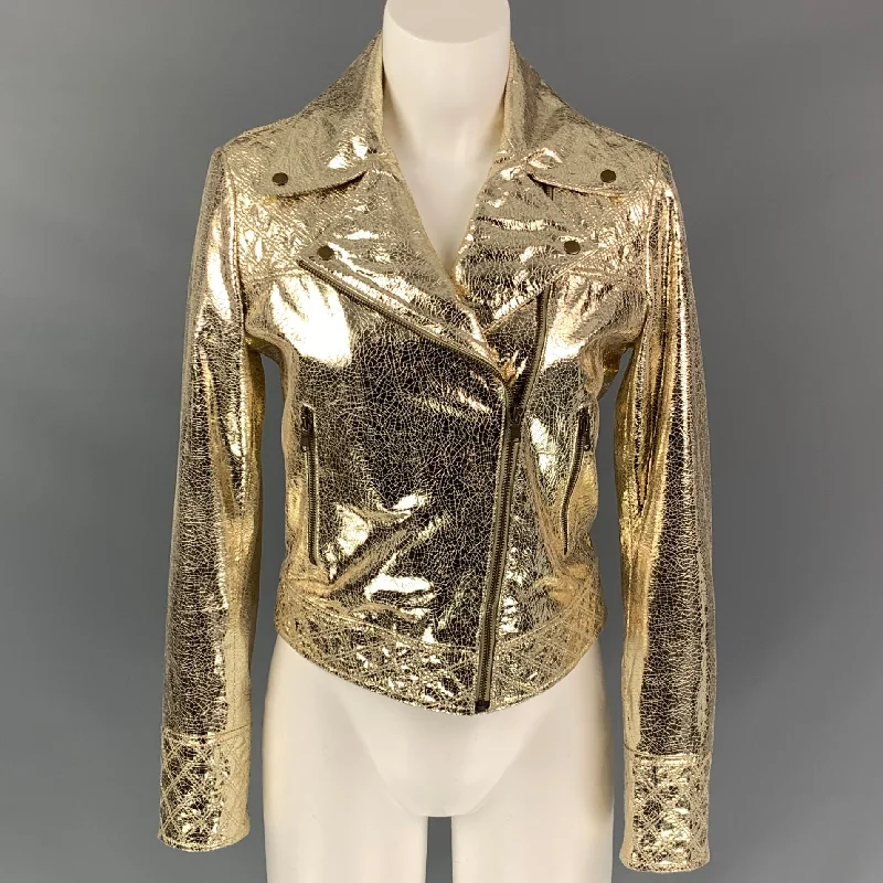 METEO Size XS Gold Leather Metallic Lamb Skin Biker Jacket Collared Jacket Crew Neck Jacket Turtle Neck Jacket