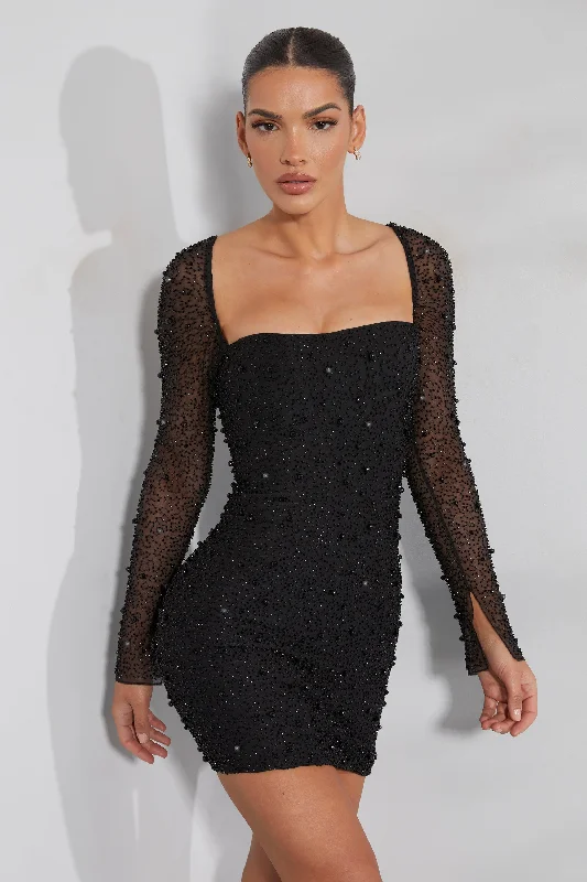 Long Sleeve Embellished Corset Mini Dress in Black Comfortable One-Shoulder Mini Dress