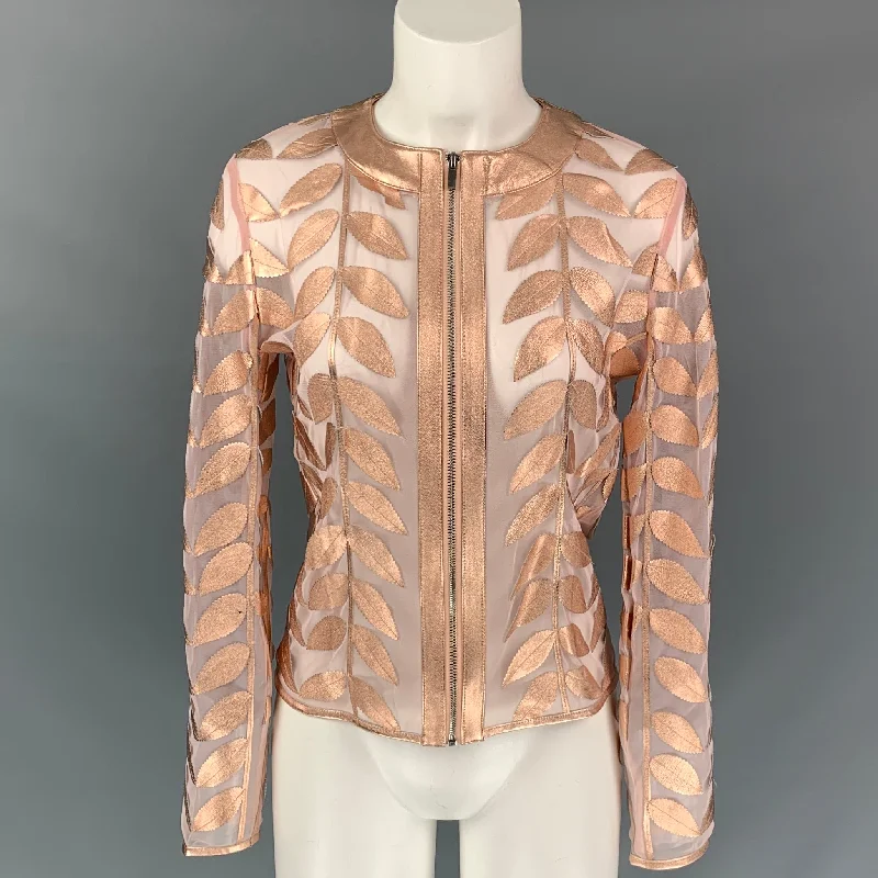 NEIMAN MARCUS The Leather Collection Size XS Rose Gold Leather See Through Metallic Jacket Knit Jacket Woven Jacket Fleece Jacket