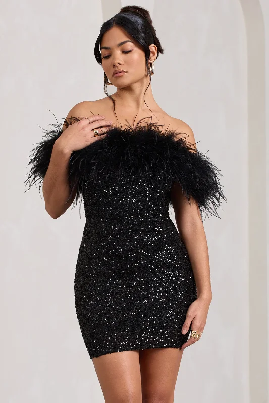 New Money | Black Bodycon Sequin Mini Dress With Feather Trim Elegant Silk Mini Dress