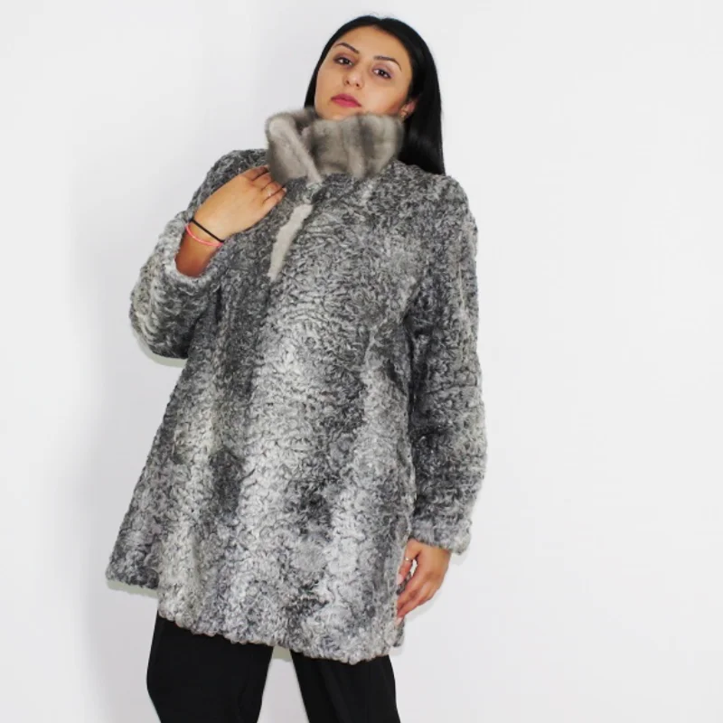 NI Astrakhan grey jacket with sapphire mink collar One-Shoulder Jacket Off-the-Shoulder Jacket Asymmetrical Jacket