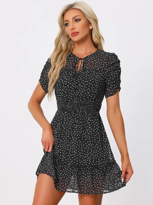 Chiffon Ruched Sleeves Bow Tie Keyhole Shirred Polka Dots Mini Dress Cozy Wraparound Mini Dress