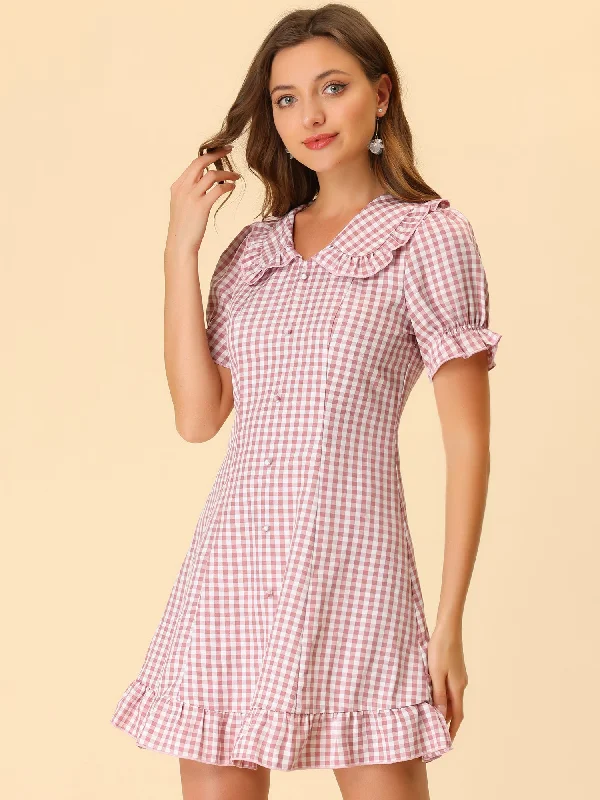 Gingham Checks Ruffled Peter Pan Collar 1960s Vintage Mini Dress Comfortable Casual Mini Dress