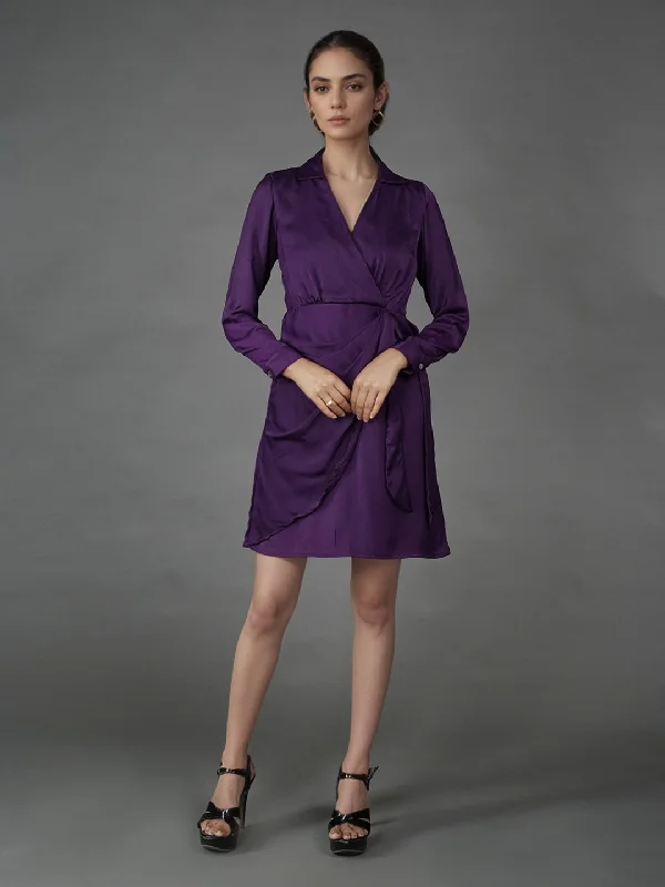 Purple Solid Wrap Mini Dress Cozy Knit Mini Dress