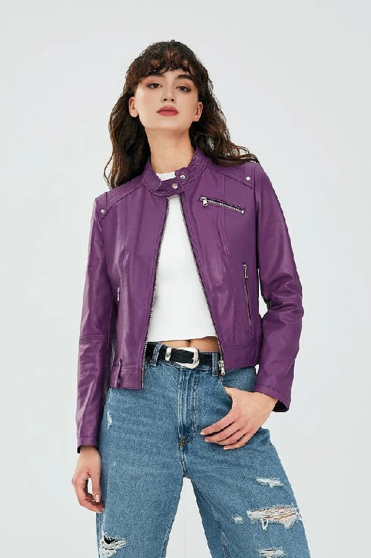 Purple Stylish Motor Bike Leather Jacket For Women Trench Coat Raincoat Waterproof Jacket