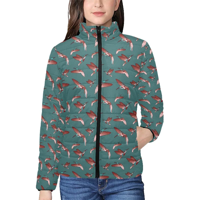 Red Swift Turquoise Women's Stand Collar Padded Jacket Tiered Jacket Buttoned Jacket Zippered Jacket