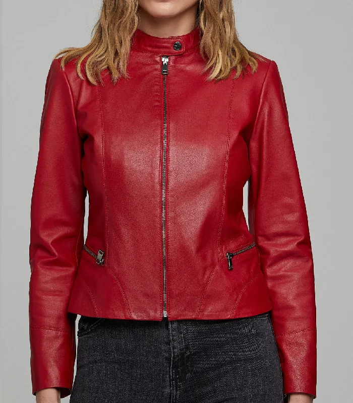 Red Viola Women's Leather Jacket Zippered Front Buttoned Front Snap Front