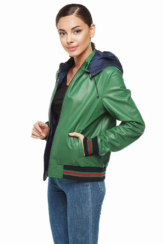 Sabrina Green Leather Jacket With Hoodie For Women Cotton Fabric Linen Fabric Terry Fabric