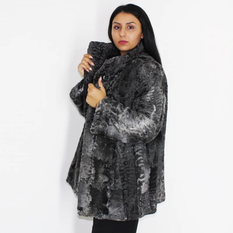 SIGMA Astrakhan grey jacket A-Line Jacket Boat Neck Shawl Collar