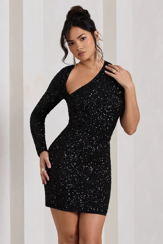 Siren | Black Sequin One Shoulder Bodycon Mini Dress Elegant Sequin Mini Dress