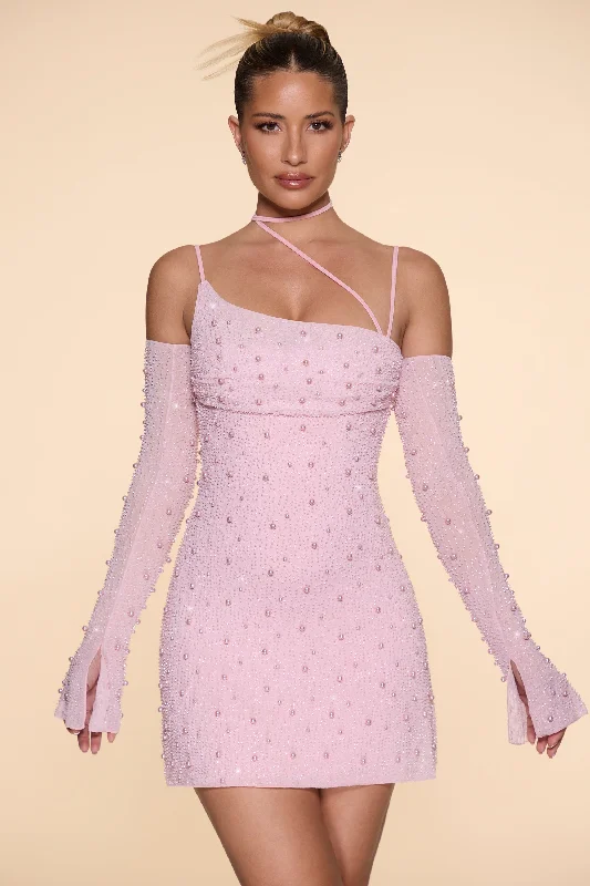 Embellished Asymmetric Corset Mini Dress in Blush Elegant Mini Dress with Ruffles