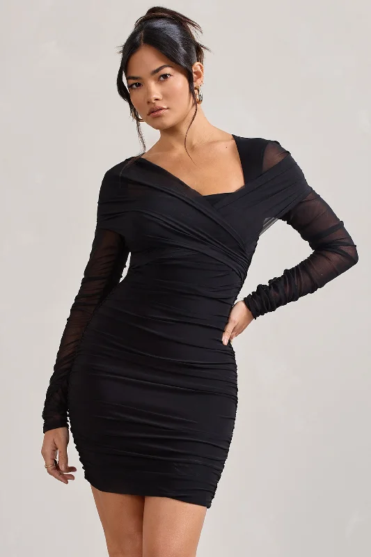 Sparks Fly | Black Ruched Mesh Long-Sleeved Bodycon Mini Dress Modern Satin Mini Dress