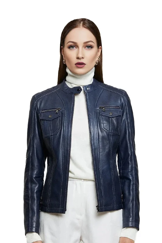 Stephanie Fit Blue Leather Jacket For Women Knit Jacket Woven Jacket Fleece Jacket