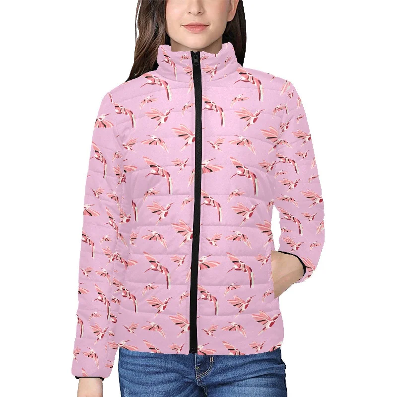 Strawberry Pink Women's Stand Collar Padded Jacket Welt Pockets Slit Pockets Flap Pockets