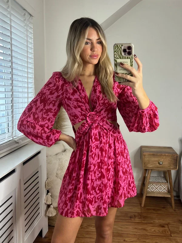 Tasha Cut Out Mini dress / Pink Animal Comfortable Off-Shoulder Mini Dress