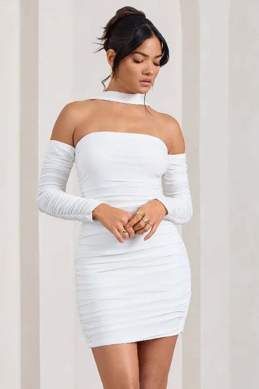 Thea | White Ruched Long-Sleeved Bodycon Mini Dress With Halter Collar Trendy Camisole Mini Dress