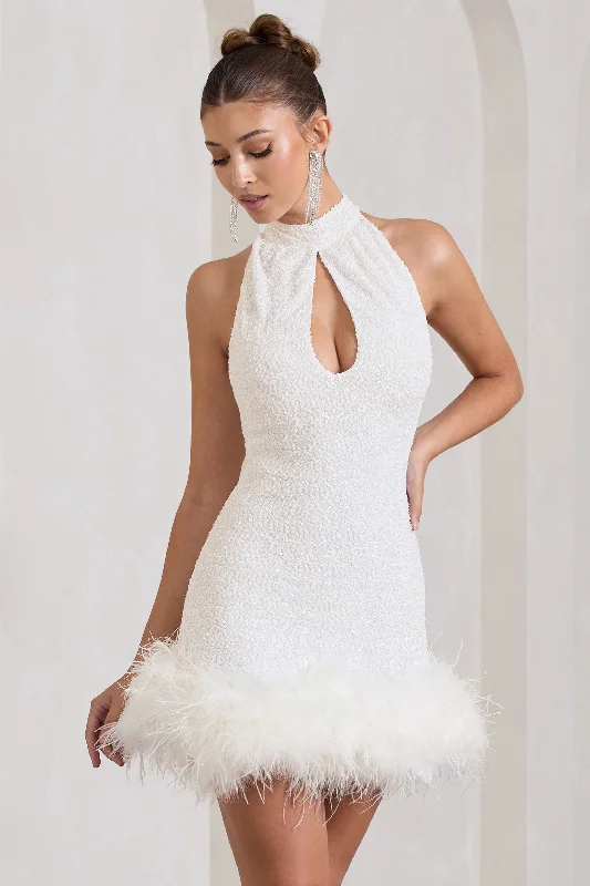 Tillie | White Sequin High Neck Trapeze Mini Dress With Feather Hem Detail Elegant Tulle Mini Dress