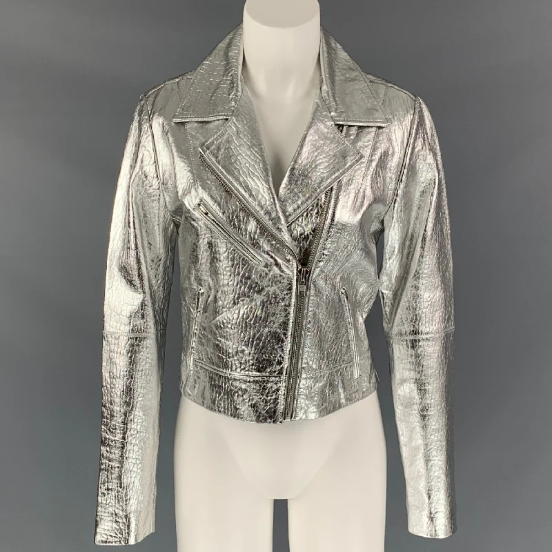 VEDA Size M Silver Leather Metallic Biker Jacket Welt Pockets Slit Pockets Flap Pockets