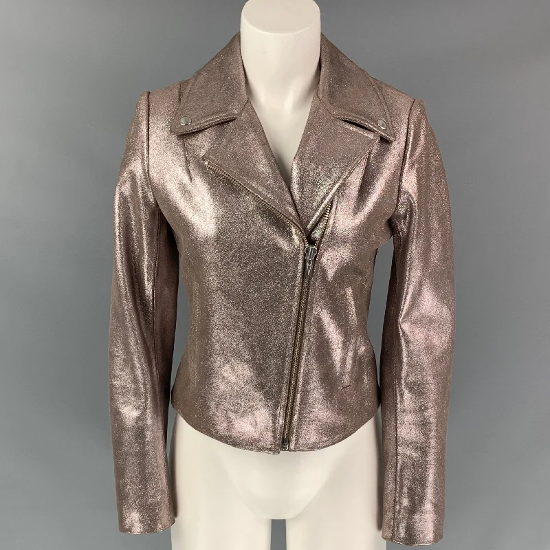 VEDA Size S Rose Gold Leather Metallic BikerJacket Plaid Jacket Tartan Jacket Houndstooth Jacket