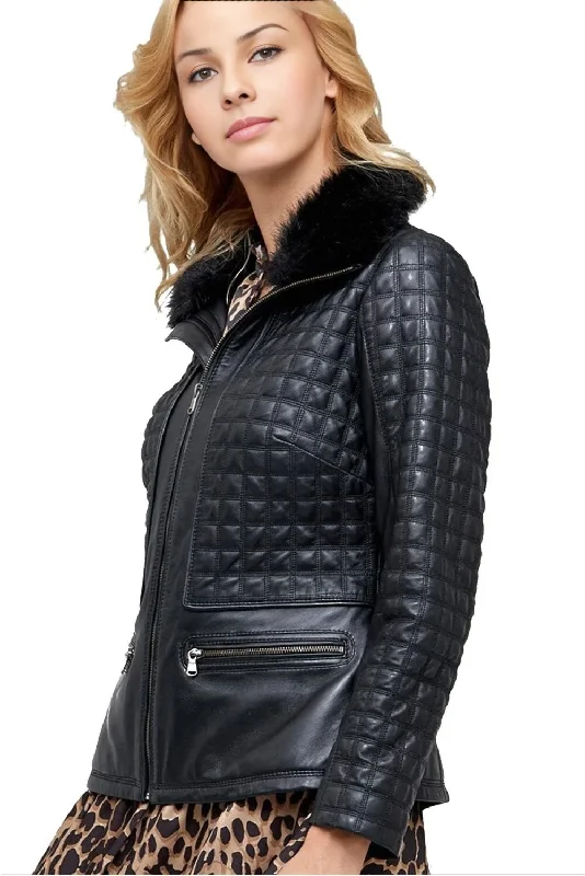 Victoria Black Quilted Leather Jacket For Women Ribbed Jacket Pleated Jacket Ruffled Jacket