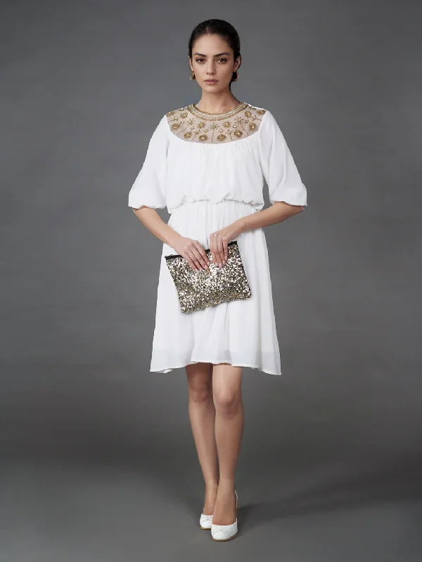 White Solid Embroidered Flared Mini Dress Fashionable Off-Shoulder Mini Dress