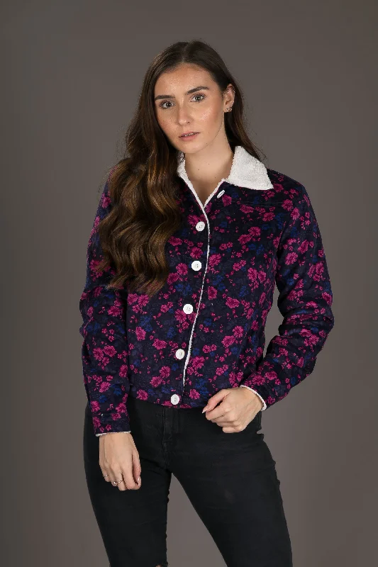 Womens Floral Print Wool Jacket Shearling Fur Lining Print Jacket Jacquard Jacket Patchwork Jacket