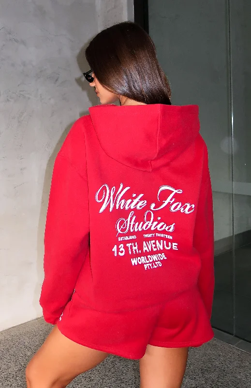 13th Avenue Oversized Hoodie Red Hoodie with Mock Neck Collared Structured