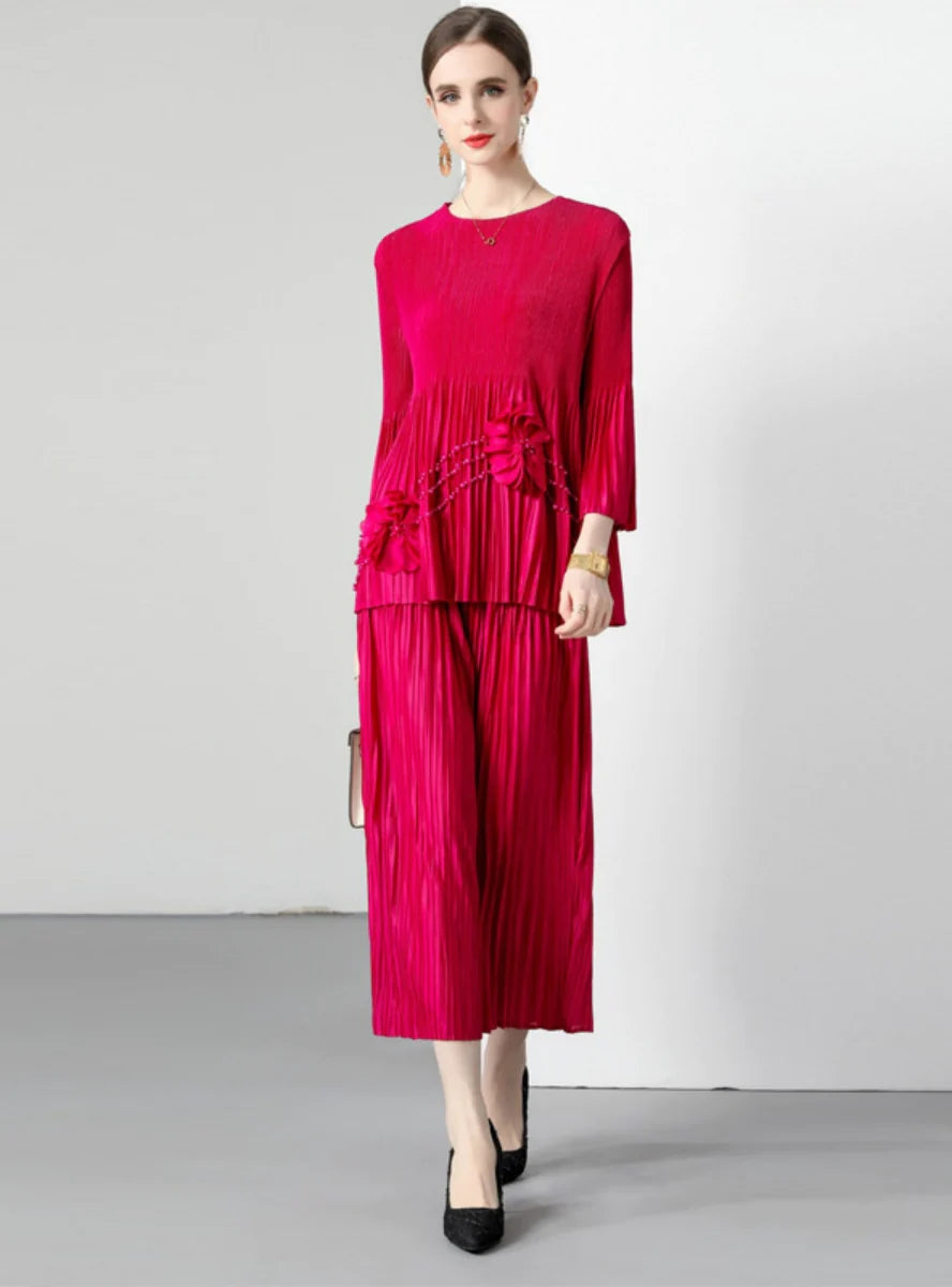 BEADED PLEATED LARGE-SIZE WIDE-LEG PANTS TWO-PIECE SUIT Soft Wool Pants