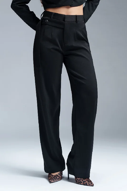 Black Nova Strap Detailed Korean Pants Relaxed Fit Trousers