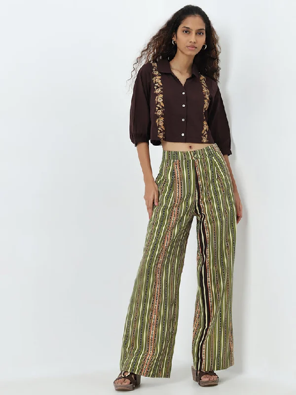 Bombay Paisley Green Striped High-Rise Cotton Blend Pants Cozy Lounge Pants