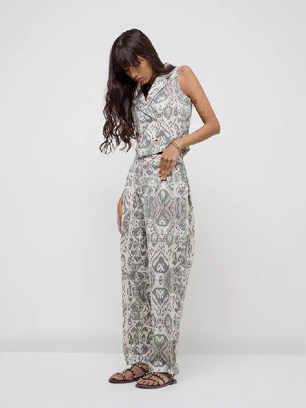 Bombay Paisley Grey Paisley Printed High-Rise Cotton Pants Fashionable Work Pants